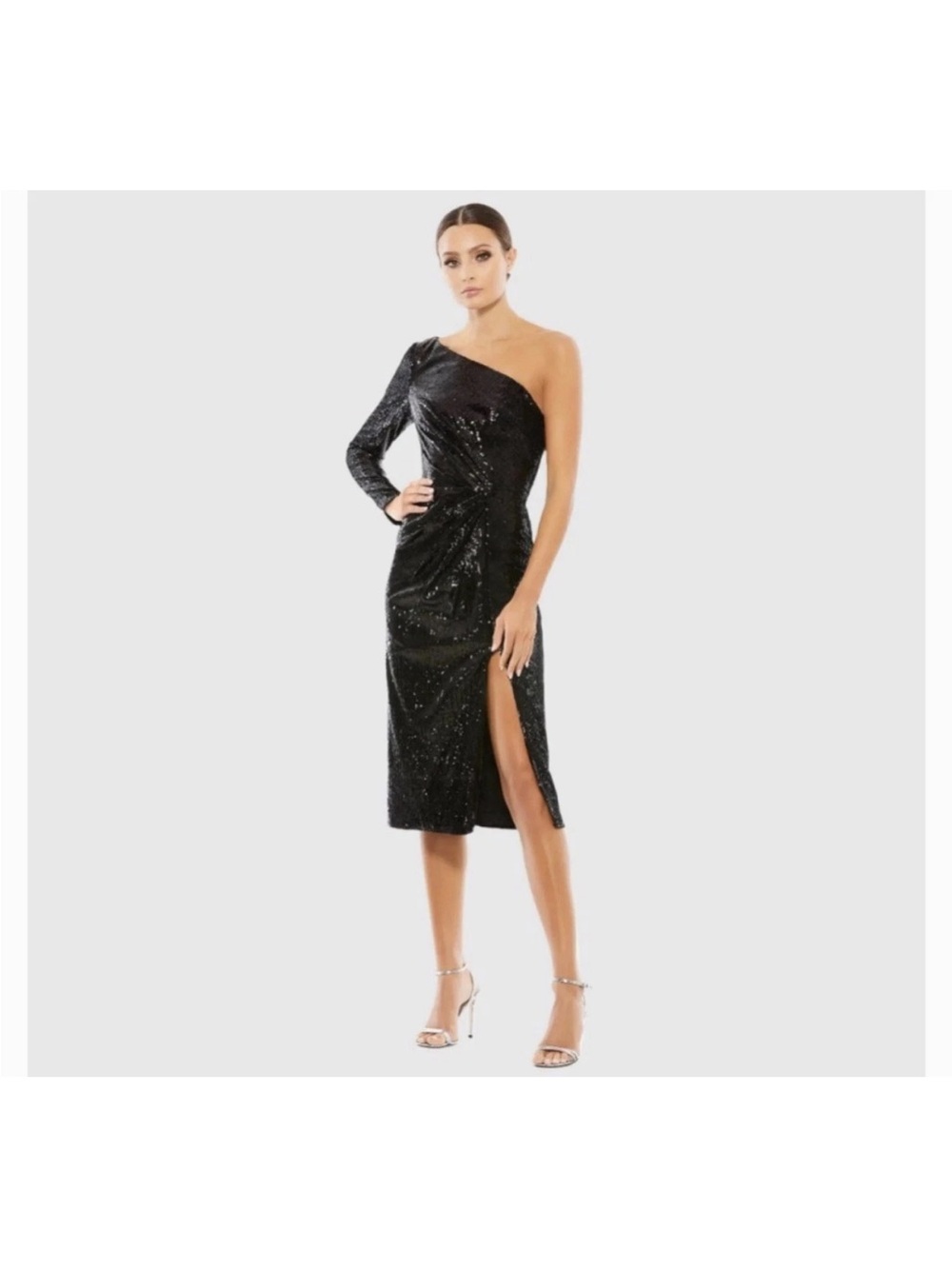 Mac Duggal Ruched Sequined One Shoulder Long Sleeve Black Midi Dress Size 6 NWT